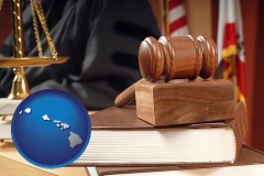 hawaii map icon and a courtroom